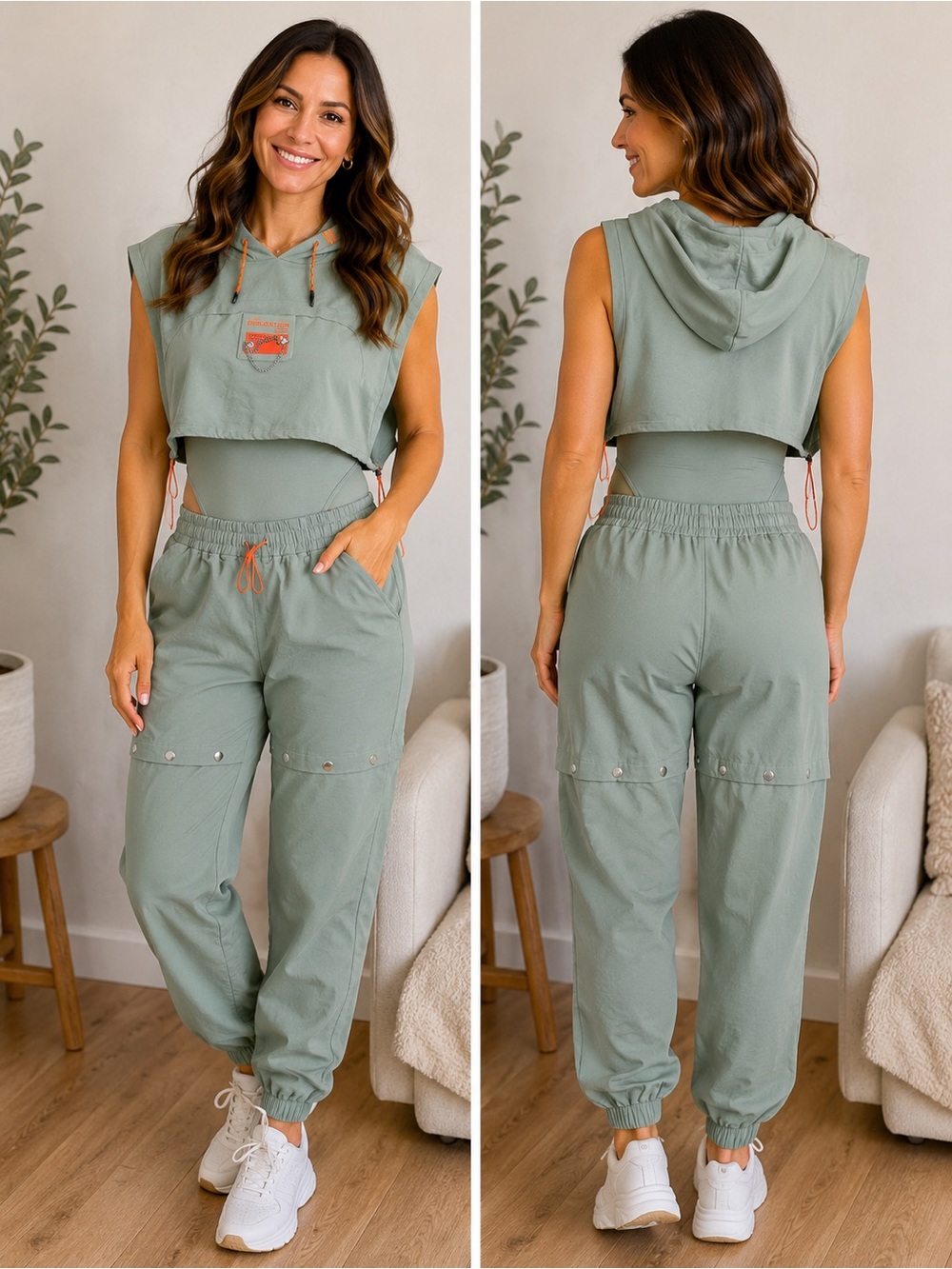 Three-Piece Sleeveless Hooded Cropped Top Bodysuit & High-Waist Jogger Set Small